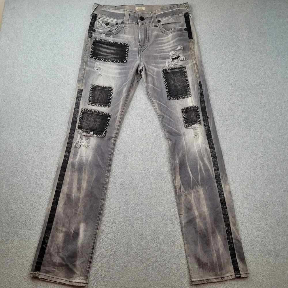 True Religion Ricky Relaxed Straight Mens 31x33 Grey Patchwork Distressed Jeans